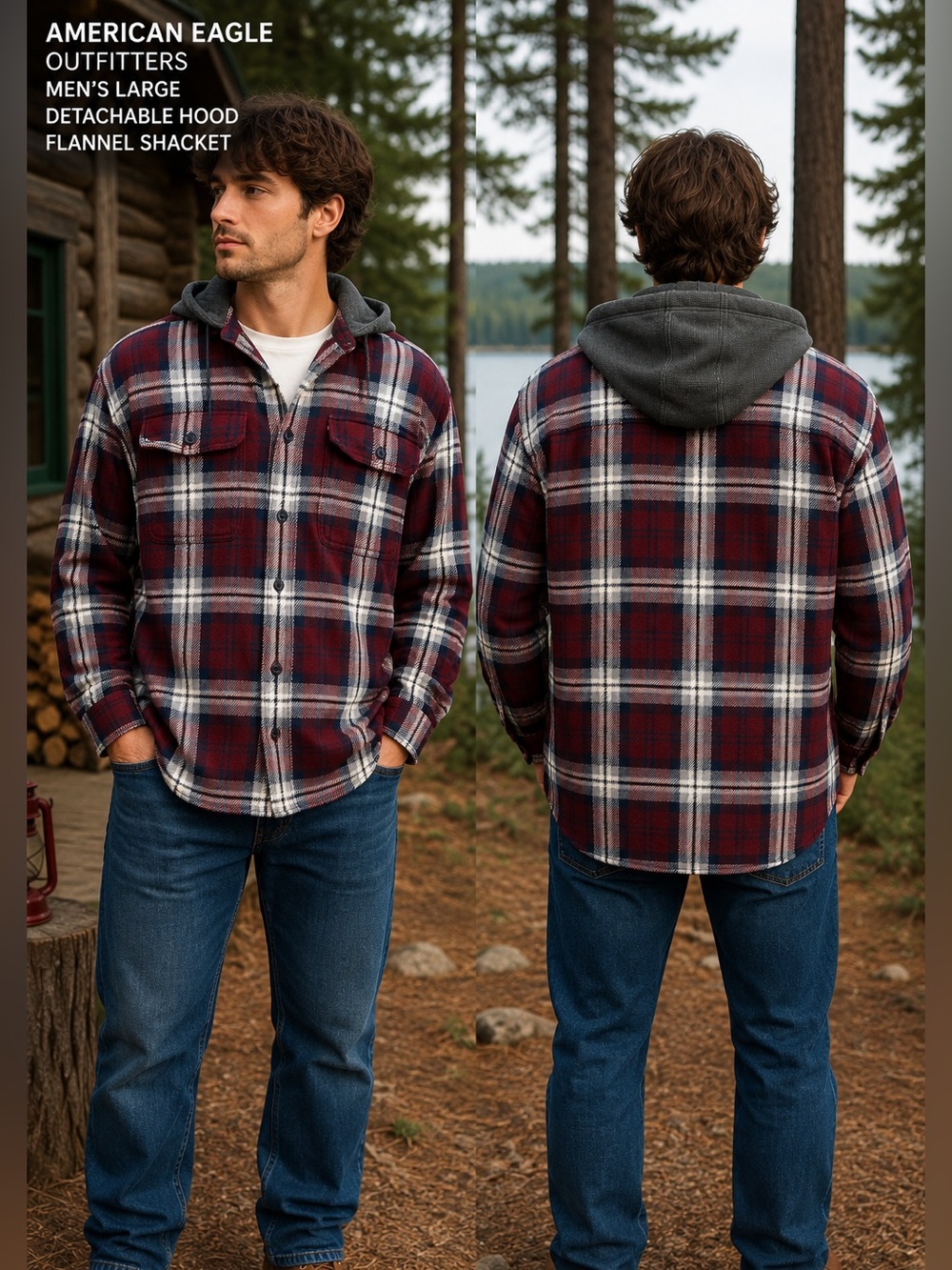 American Eagle Mens Large red Plaid Flannel Shirt Jacket Detachable Hood Shacket